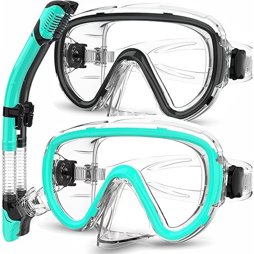 2-Pack Snorkel Gear for Adults | Enhanced Anti-Fog & Anti-Leak Snorkeling Mask | Breath-Free Dry Snorkel | 180° Panoramic View with Quick-Dry Bags