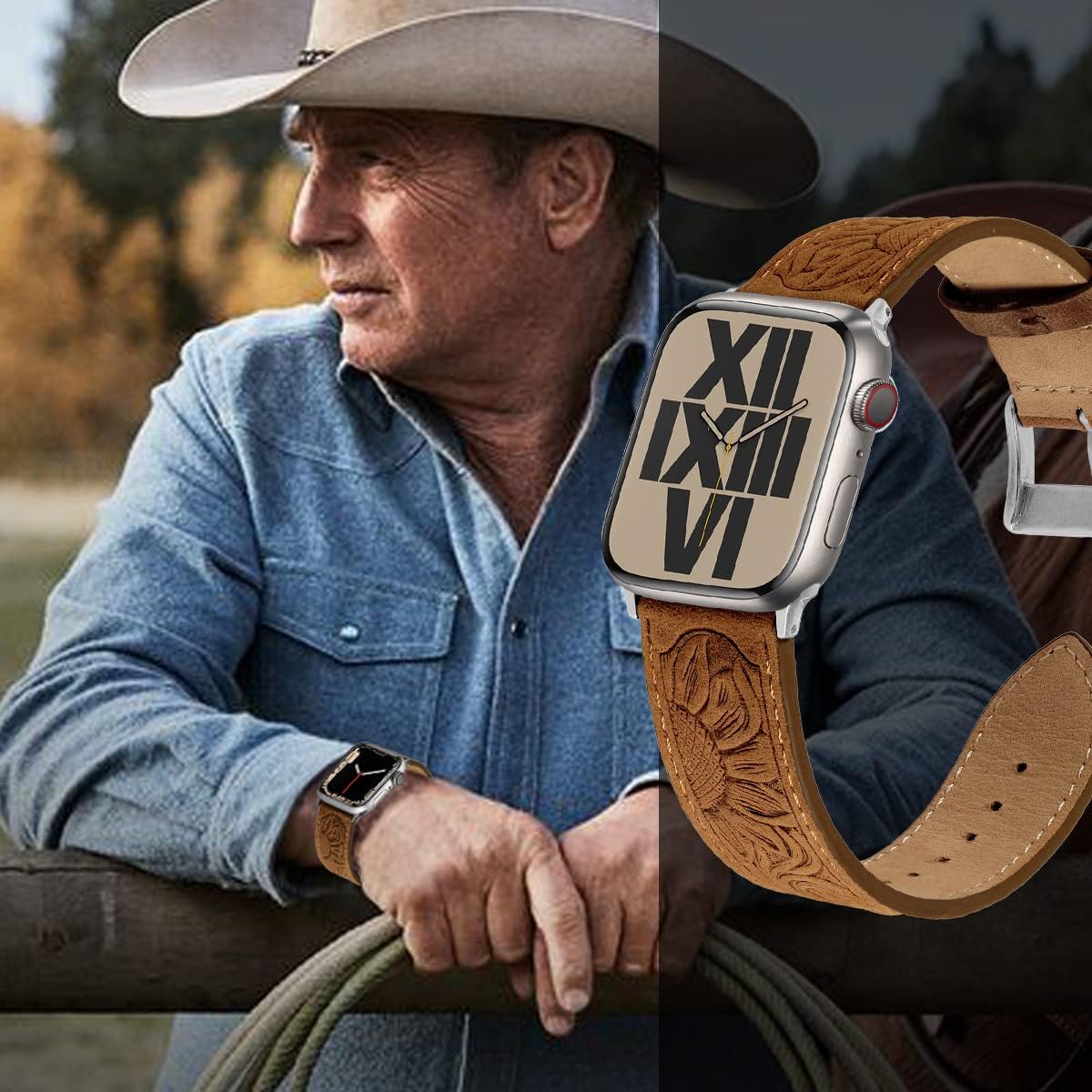 For Apple Watch Band 41 mm / 40 mm / 38 mm Series 7 /SE/ 6/5/4/3/2/1,Sunflower Tooled Leather Cowboy Replacement Western Apple Watch Retro Strap Bracelet for iWatch Men Women - Image 4