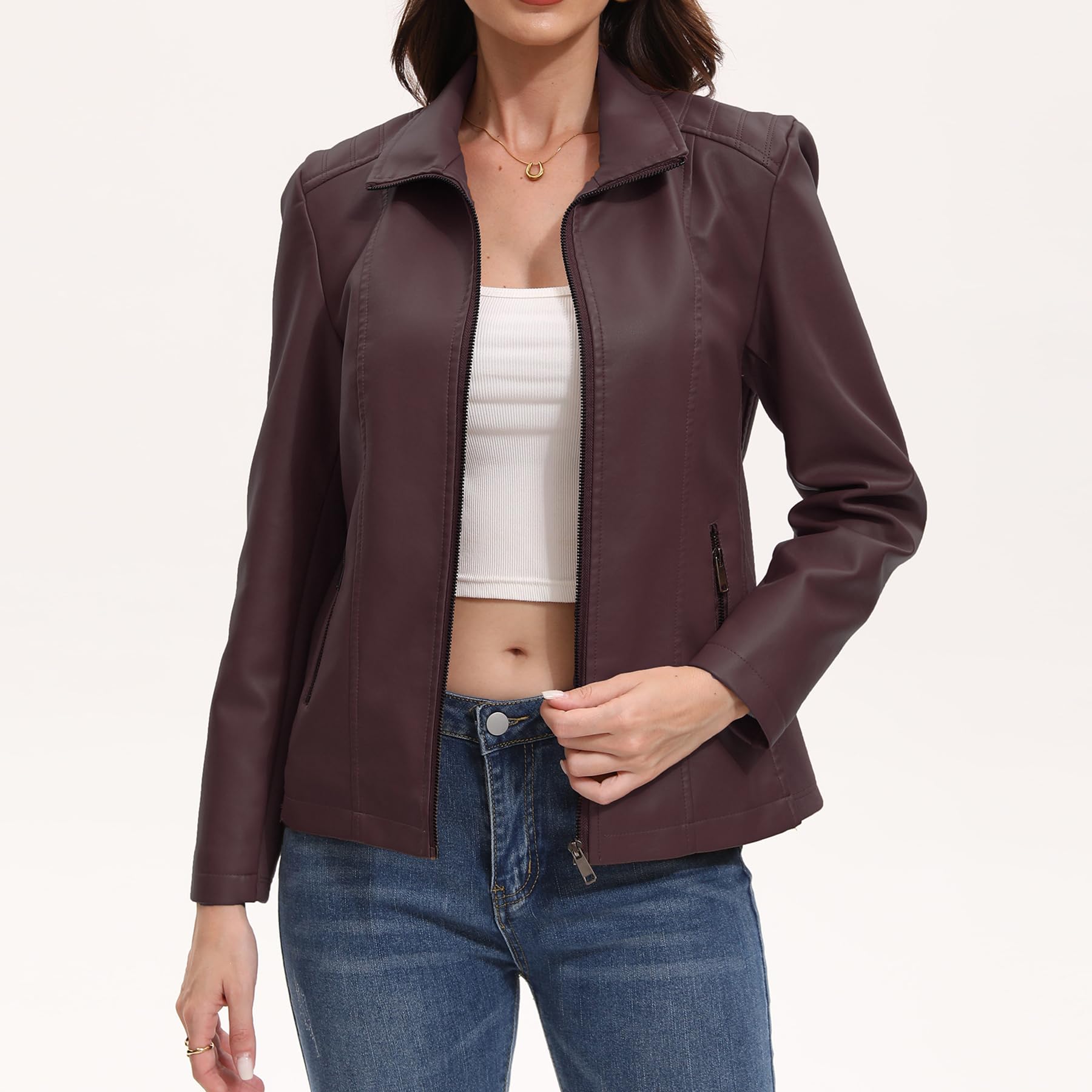 YYNUDA Chaqueta de piel para mujer, tejido elástico, chaqueta de motorista, cremallera, monocolor, piel, cuello alto, chaqueta de moto