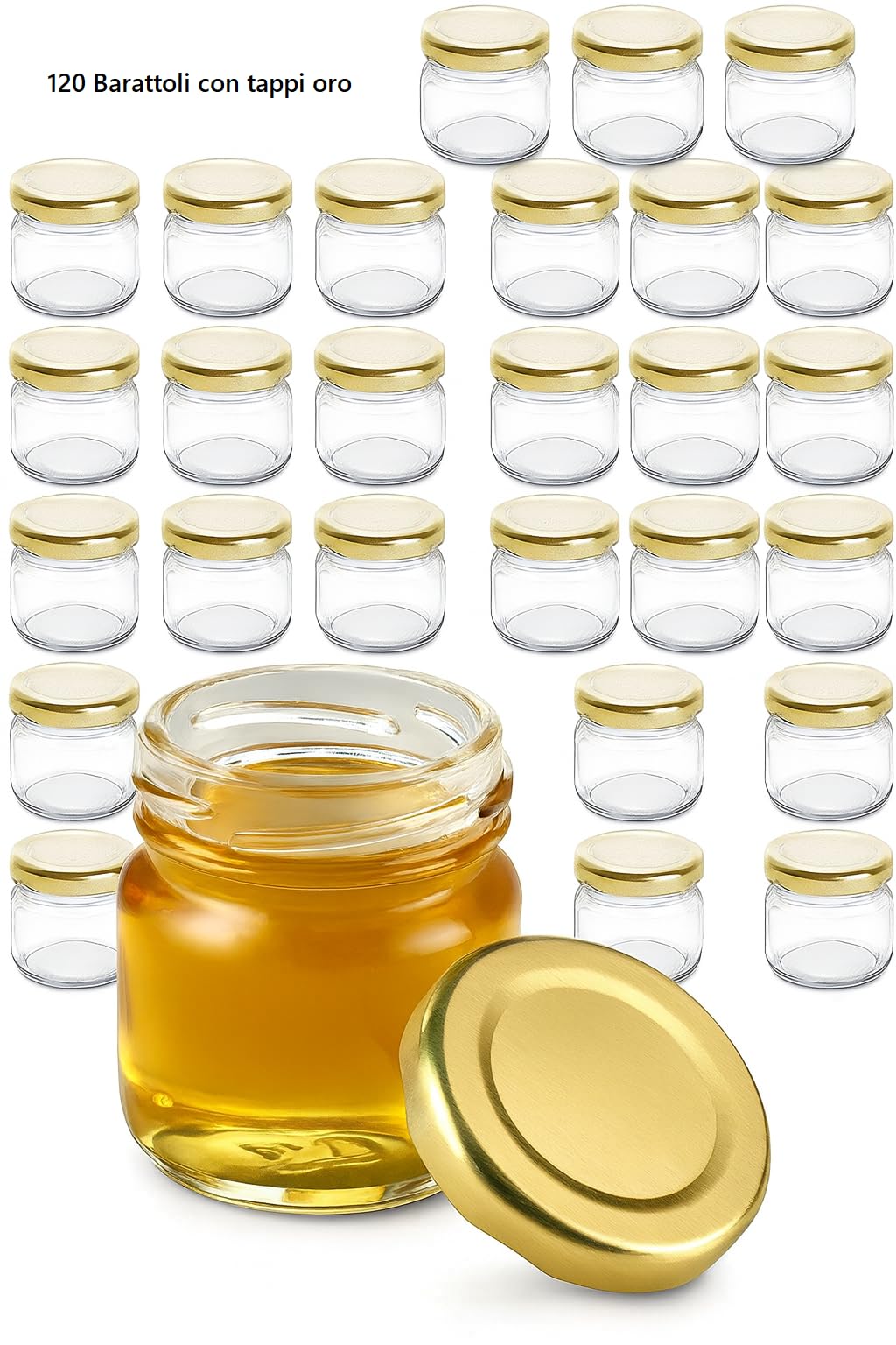 120 Barattoli in Vetro 40ml con Tappi Oro | Vasetti Ermetici per Miele, Spezie, Confetture, Bomboniere | Mini Contenitori Riutilizzabili e Lavabili | Set da 120 Pezzi