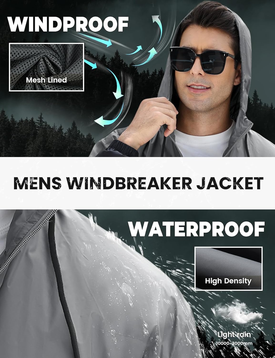 Yimoon Windbreaker Jackets for Men Lightweight Hooded Outdoor Jacket Oversized Zip Up Patchcolor Raincoat Jacket - Image 2