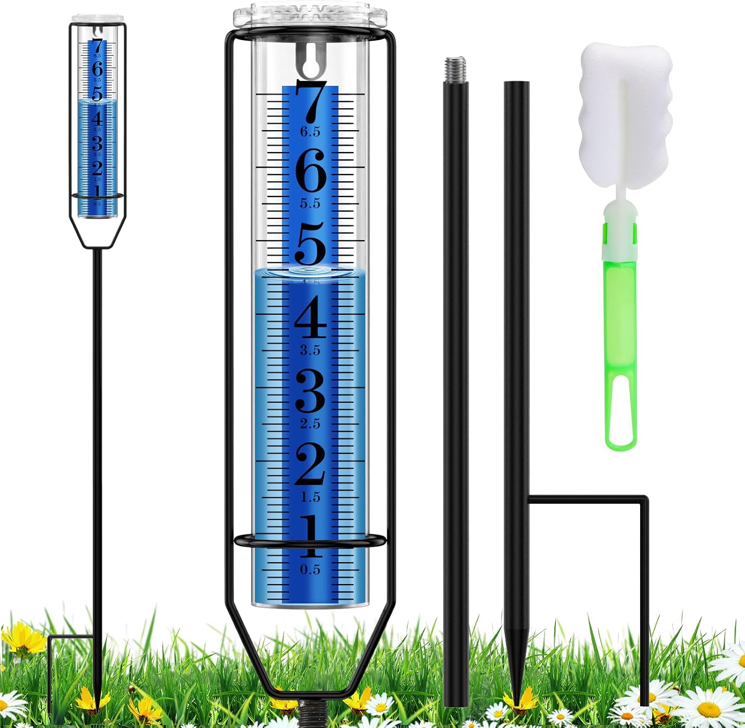 BoArt Rain Gauge, 7" Freeze-Proof Thickened Transparent Plastic Rain Gauge Outdoor, Large Clear Numbers and Adjustable Height Rain Measuring Tool for Garden, Lawn, Patio, and Farm Use