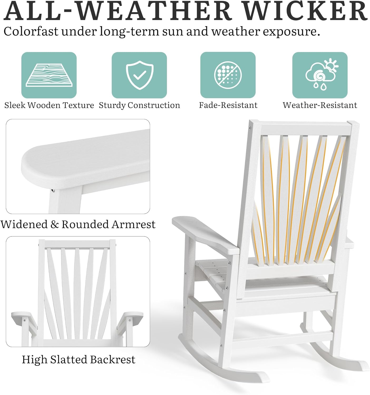 YITAHOME Outdoor Rocking Chair (Set of 2), HDPE Patio Chair with Windsor Backrest & Wide Armrests, Outdoor Chair Rocker for Porch, Balcony, Garden Seating, White