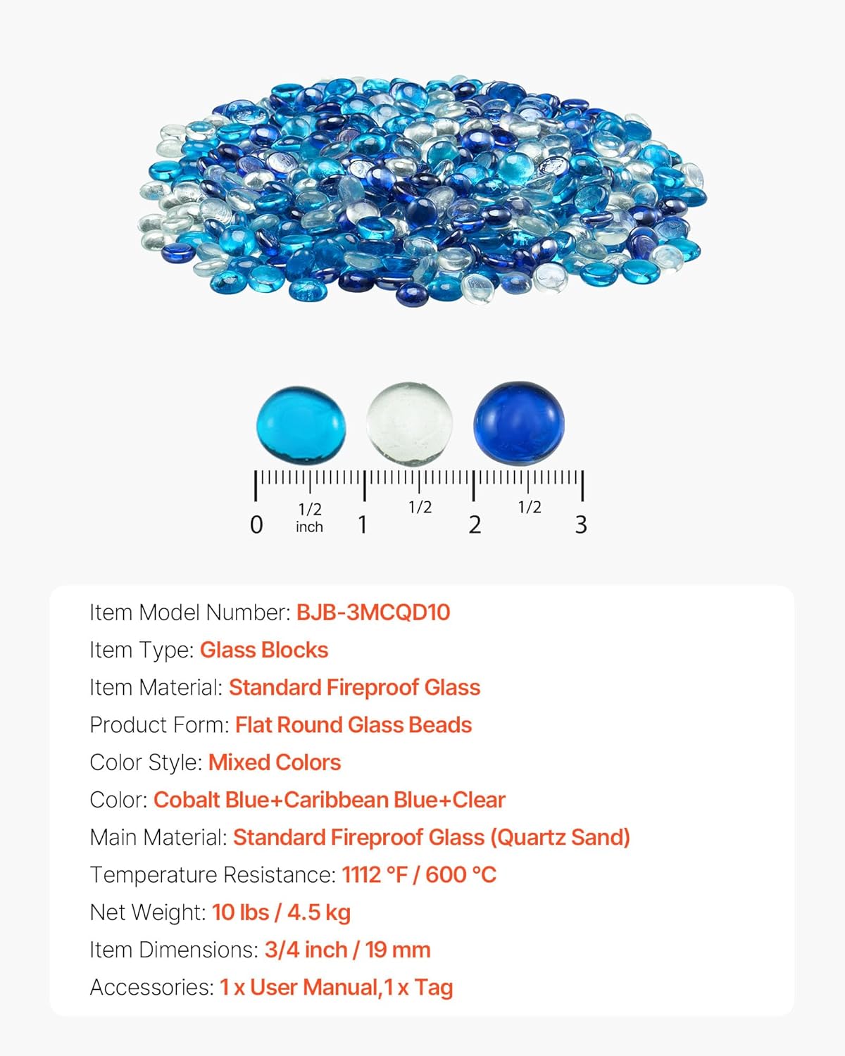 VEVOR Fire Glass, 10 lbs, Cobalt Blue + Caribbean Blue + Clear, 3/4 Inch High-Temperature Resistant Fireplace Rocks, Reflective & Smokeless Fire Pit Glass Beads for Outdoor Table, Landscaping