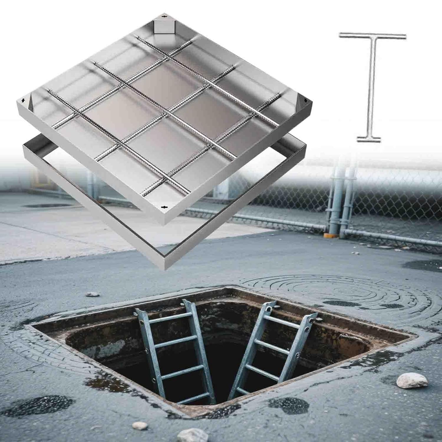 AVLLSO Stainless Steel Recessed Manhole Cover Invisible Recessed Septic Tank Cover, Removable Heavy Duty Chamber Cover for Yard Lawn Garden Pavement(480x480 mm)