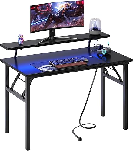 Need Escritorio pequeño para computadora de 39.4 pulgadas con luces LED y tomas de corriente, escritorio plegable con estante para monitor,