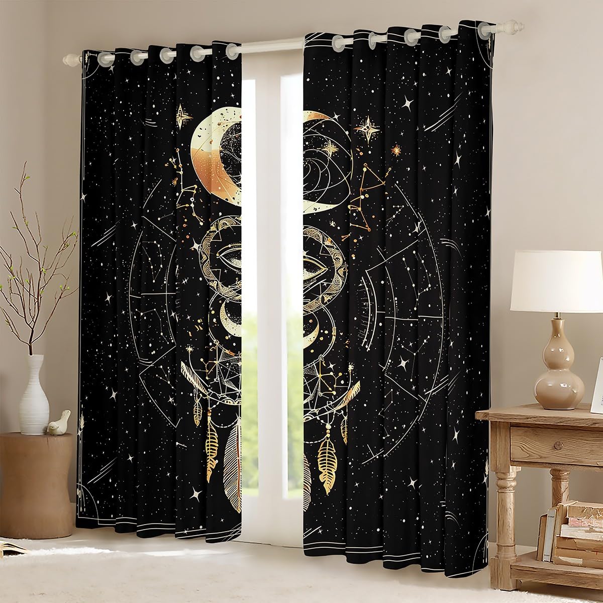 Homemissing Sun Moon Darkening Dreapes Dreamcatcher Blackout Curtains Boho Exotic Window Curtains Bohemian Galaxy Window Treatments Cosmic Celestial Curtains (2 Panels,W66*L90) - Image 2