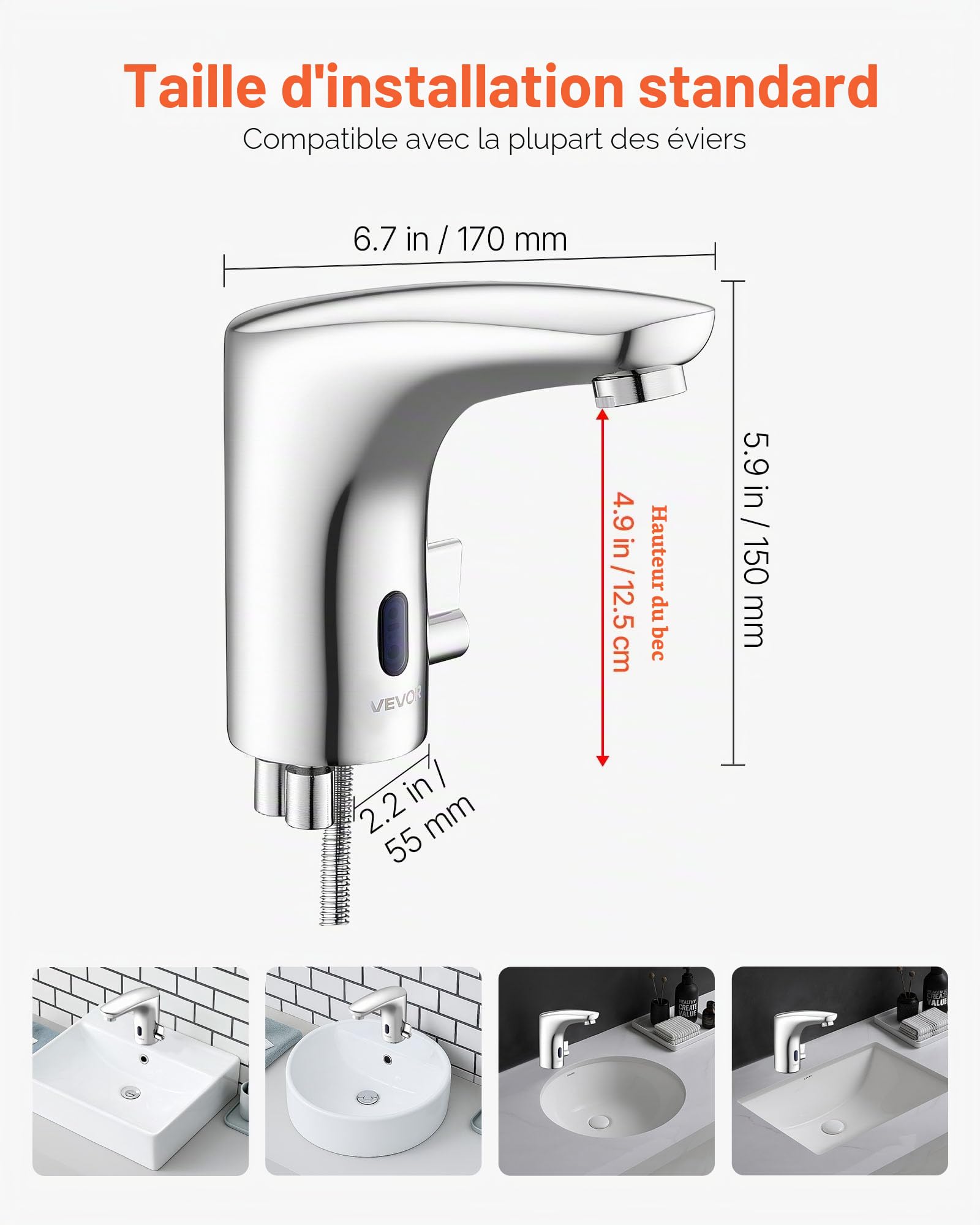 VEVOR Mitigeur Automatique sans Contact, Robinet à Capteur de Lavabo, Mélangeur d’Eau Chaude et Froide Réglable Mains Libres, à Piles, pour Tuyau 9,5 mm, Bar Cuisine Salle de Bain, Chromé Argent