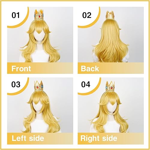 Miniatura 4 de Aicos Conjunto de peluca de princesa para niñas, peluca rubia rizada para cosplay con corona, aretes y broche - Accesorios de disfraces de Halloween