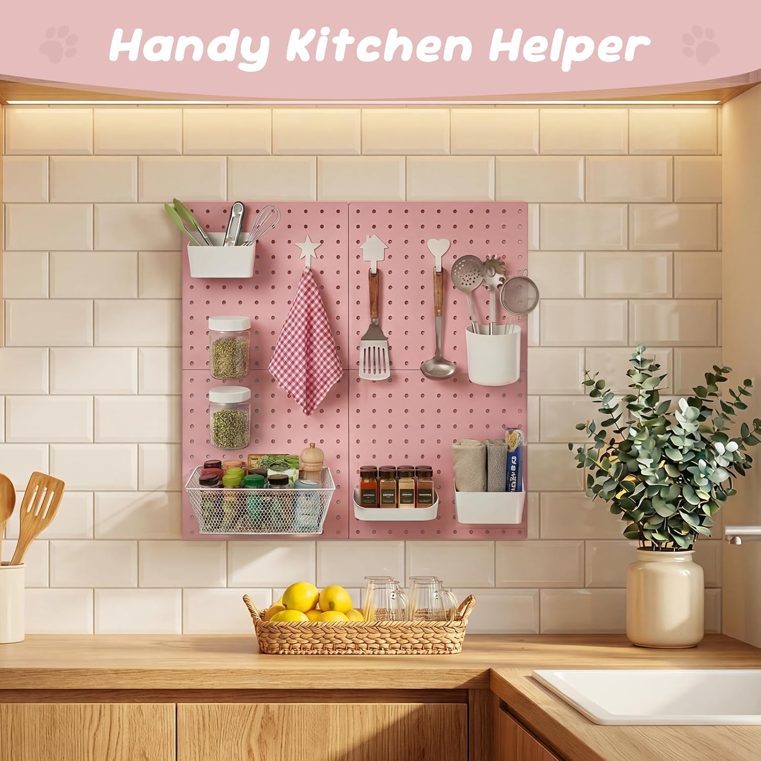 4-Pack Pegboard Wall Organizer, 11” x 11” Wall Mounted Boards with 10 Accessories, for Study Room, Kitchen, Garage, ABS Plastic, Screw or Adhesive Installation, Supports up to 110 lbs (Pink)