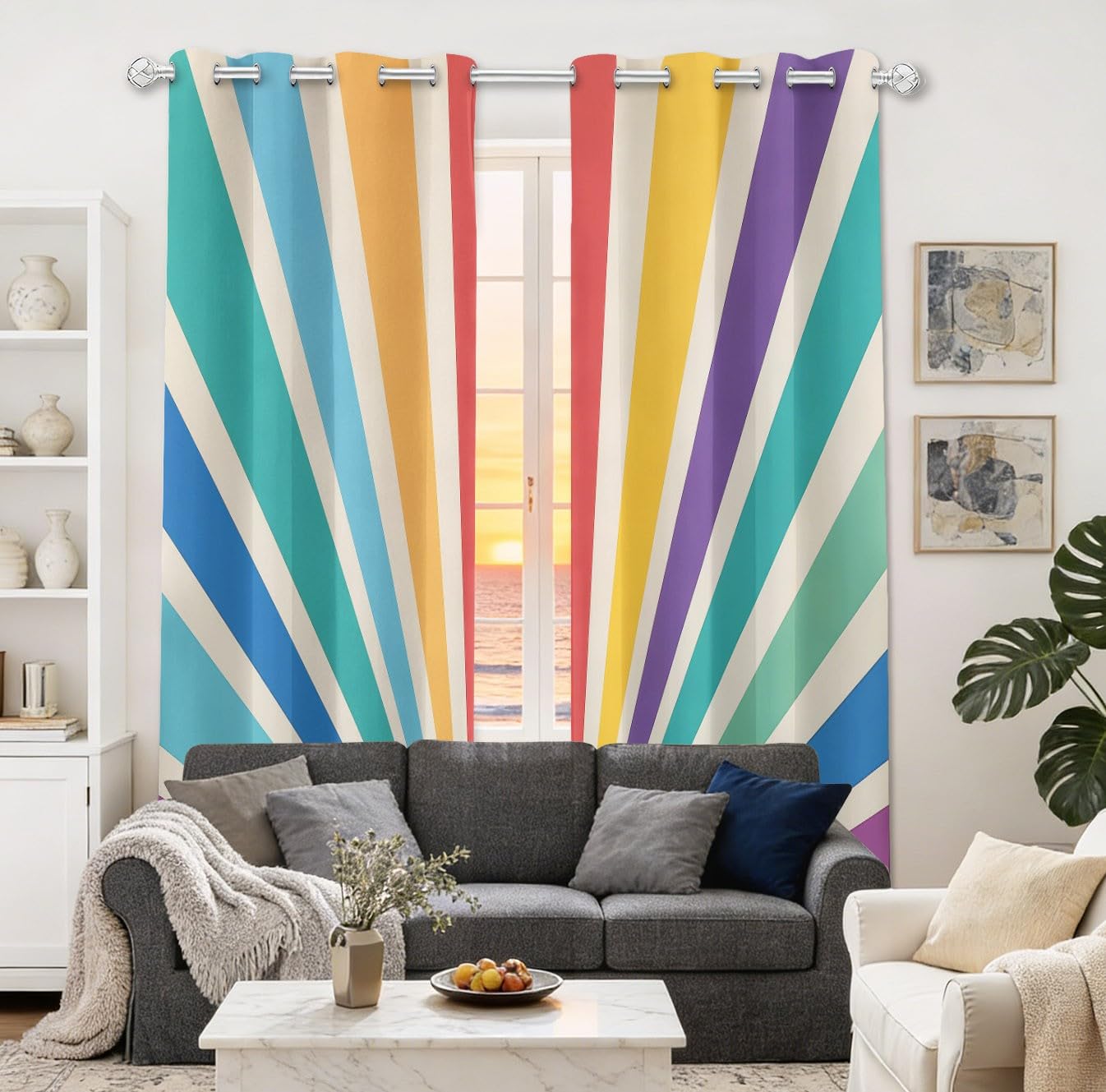 Verdunkelungsvorhänge H250 x B140 cm 2 Paneele, Geräuschreduzierung & Wärmeisolierung Vintage Pop-Art Streifen Sonne Vorhänge Blickdicht für Schlafzimmer Wohnzimmer Kinderzimmer, Mehrfarbig