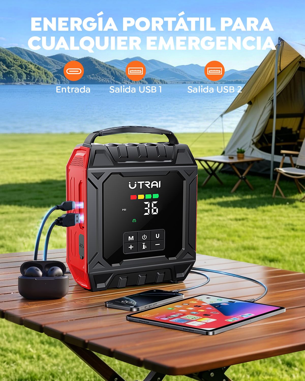 Arrancador de Baterías de Coche Portátil 8000A con Compresor de Aire 160PSI(All Gas/12L Diésel/Híbrido),UTRAI Arrancador con Luz Magnética Desmontable de 1200 Lúmenes,Kit de Reparación de Neumáticos