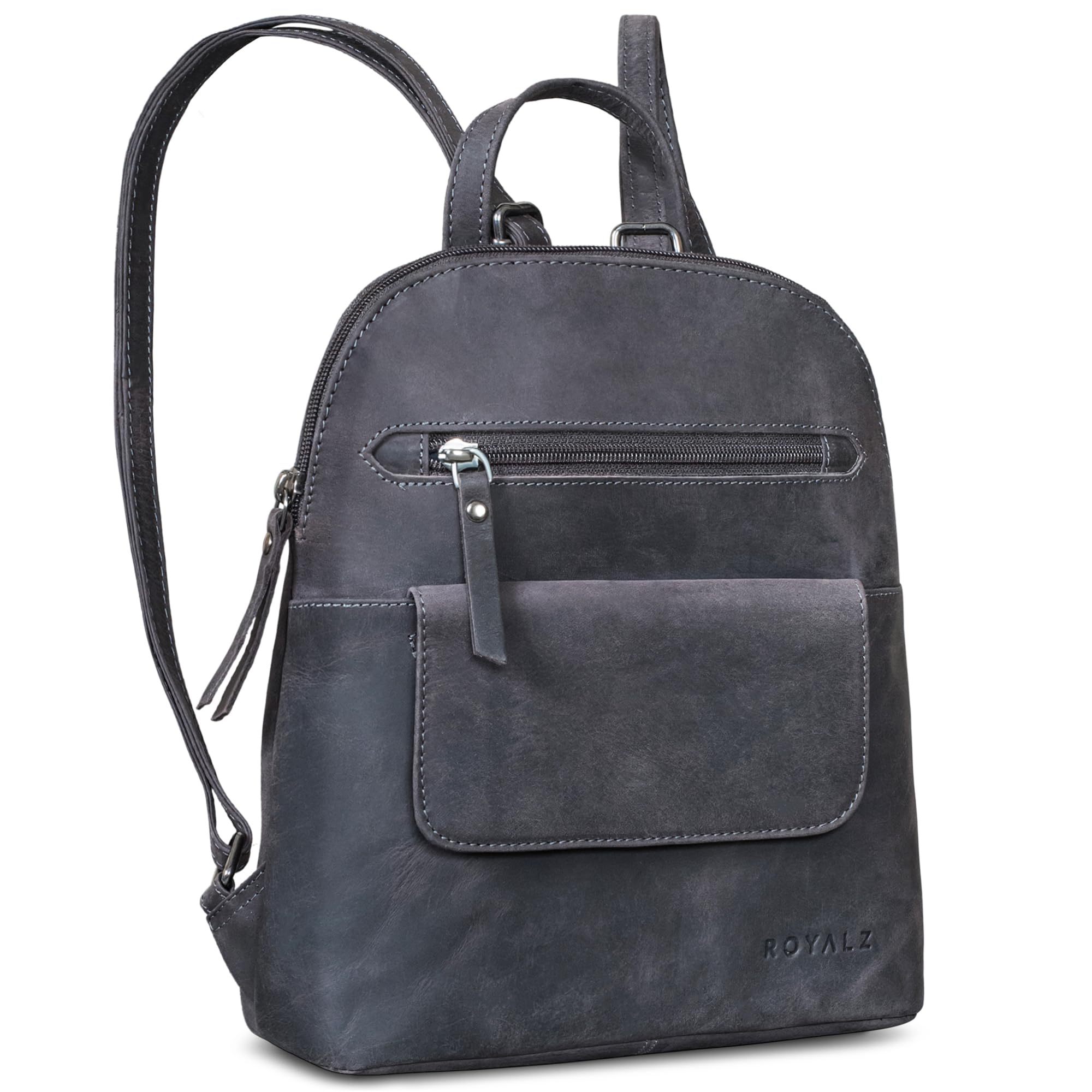 ROYALZ "Providence Echtleder Rucksack Damen klein elegant - Rucksackhandtaschen Leder für Frauen - Moderner Mini Lederrucksack im Vintage Look Cityrucksack;Farbe:Navy Grau