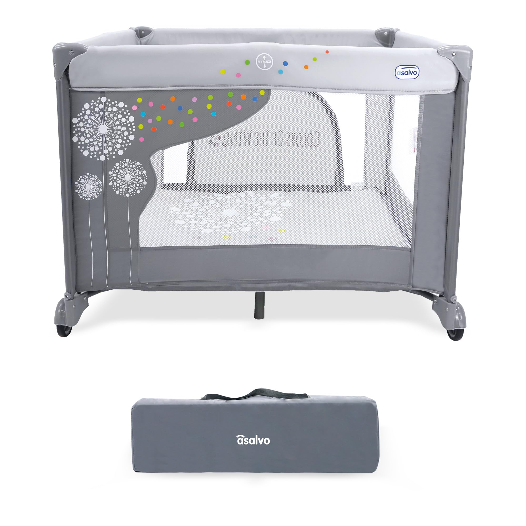 Parque Infantil Bebé 93x93 cm – Corralito Plegable con Base Acolchada + Puerta Frontal y Ruedas | Diseño Robusto y Bolsa de Transporte Parque Cuadrado Asalvo (Diente de León)