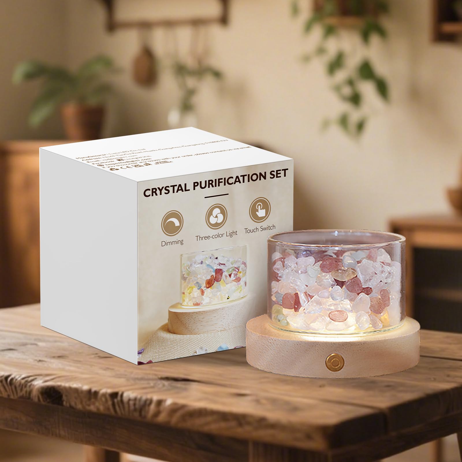 Set Pietre e Cristalli Chakra con Base Legno LED - Pietre Grezza Naturale, Regali Donna per Reiki e Meditazione Guarigione Yoga Riequilibrio Energetico Ufficio