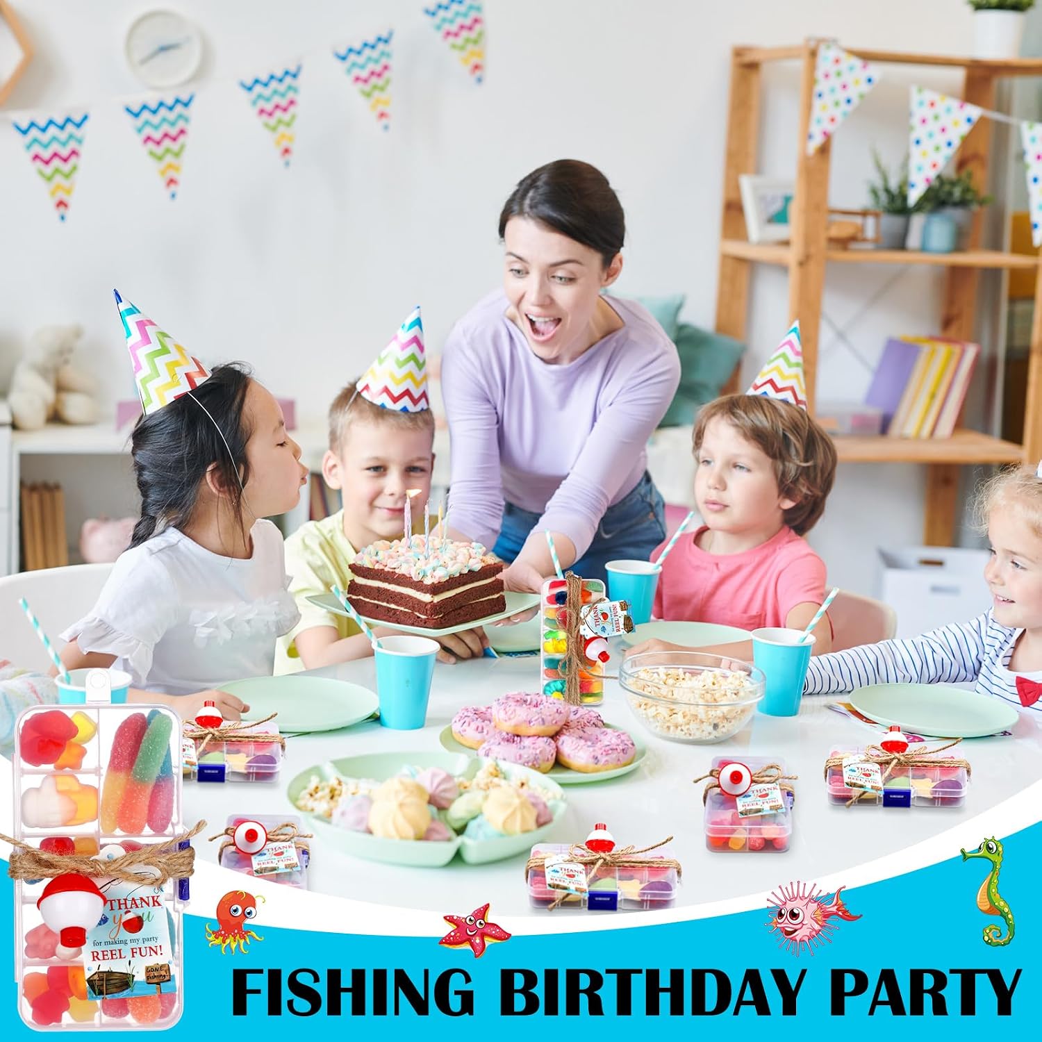 Wonderjune 12 Sets Fishing Party Favors Candy Little Tackle Boxes with Red White Floater Thank You Cards for Making My Reel Fishing Theme Party Decorations