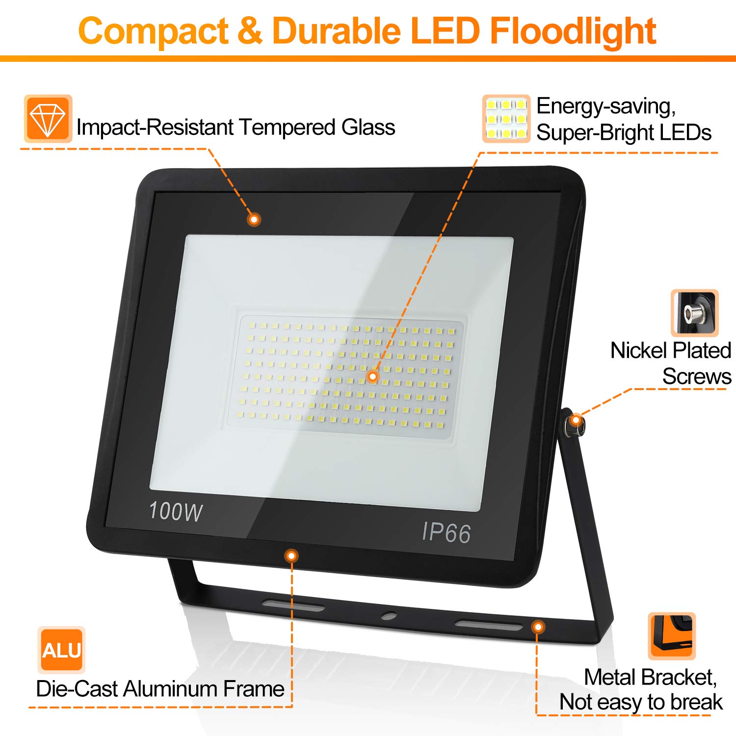 5x100W LED Scheinwerfer, Außenstrahler IP66 Wasserdicht, 8500LM Superhell 6000K Kaltweiß Flutlicht für Baumlicht Rasenlampe (Kein Stecker)