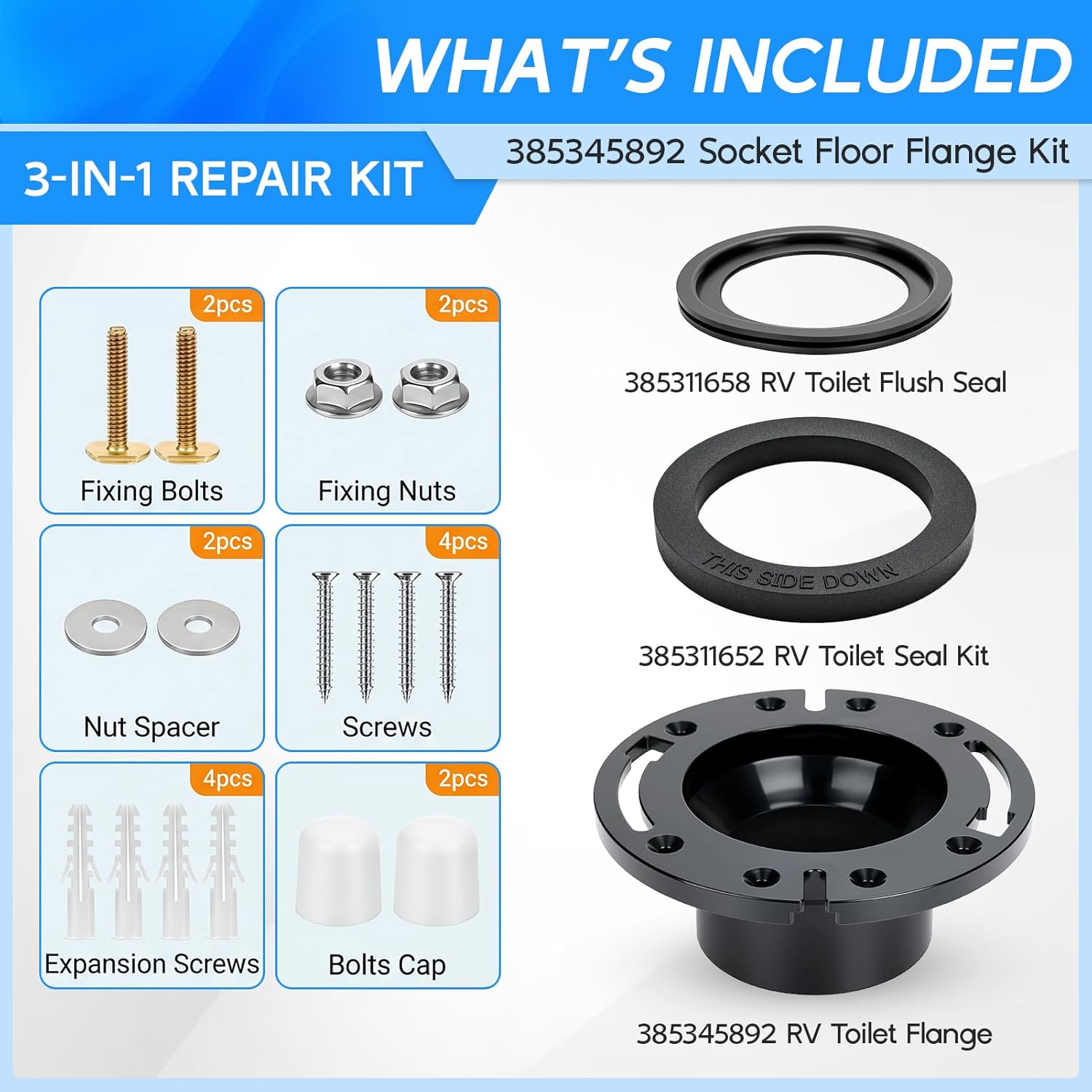 385345892 RV Toilet Seal and 3 Inch Socket Floor Flange Kit for Dometic 300/310 / 320 RV Toilets, Replaces 385311658 Flush Ball Seal and 385311652 Base Seal Gasket, 3-in-1 Repair Kit