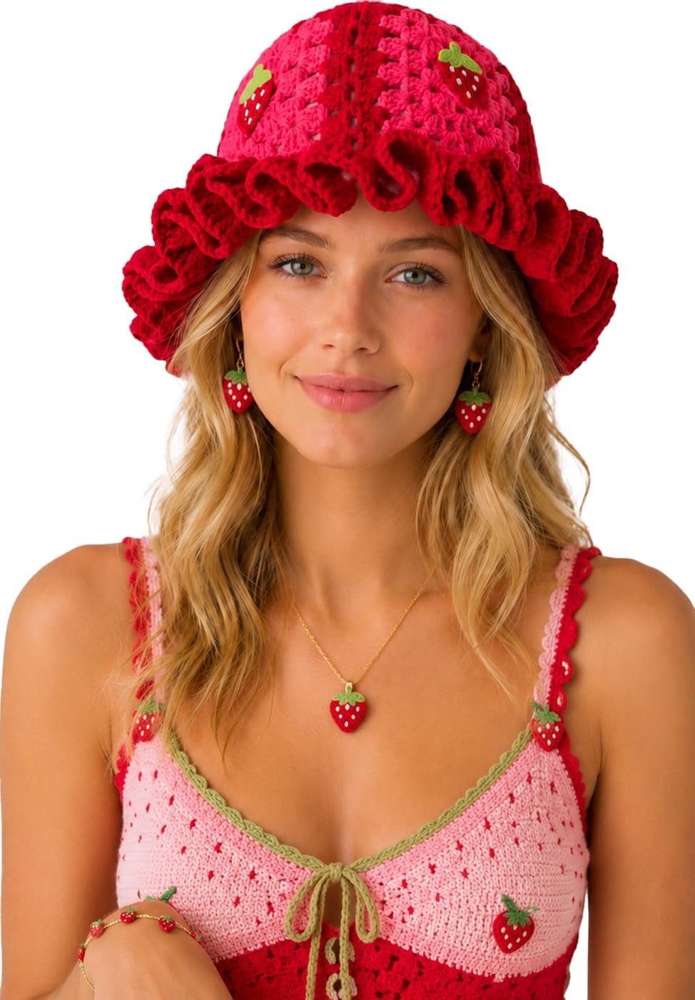 Strawberry Crochet Bucket Hat for Women Men Fruit Knit Handmade Ruffle Brim Cap Cosplay Halloween Costumes image 3