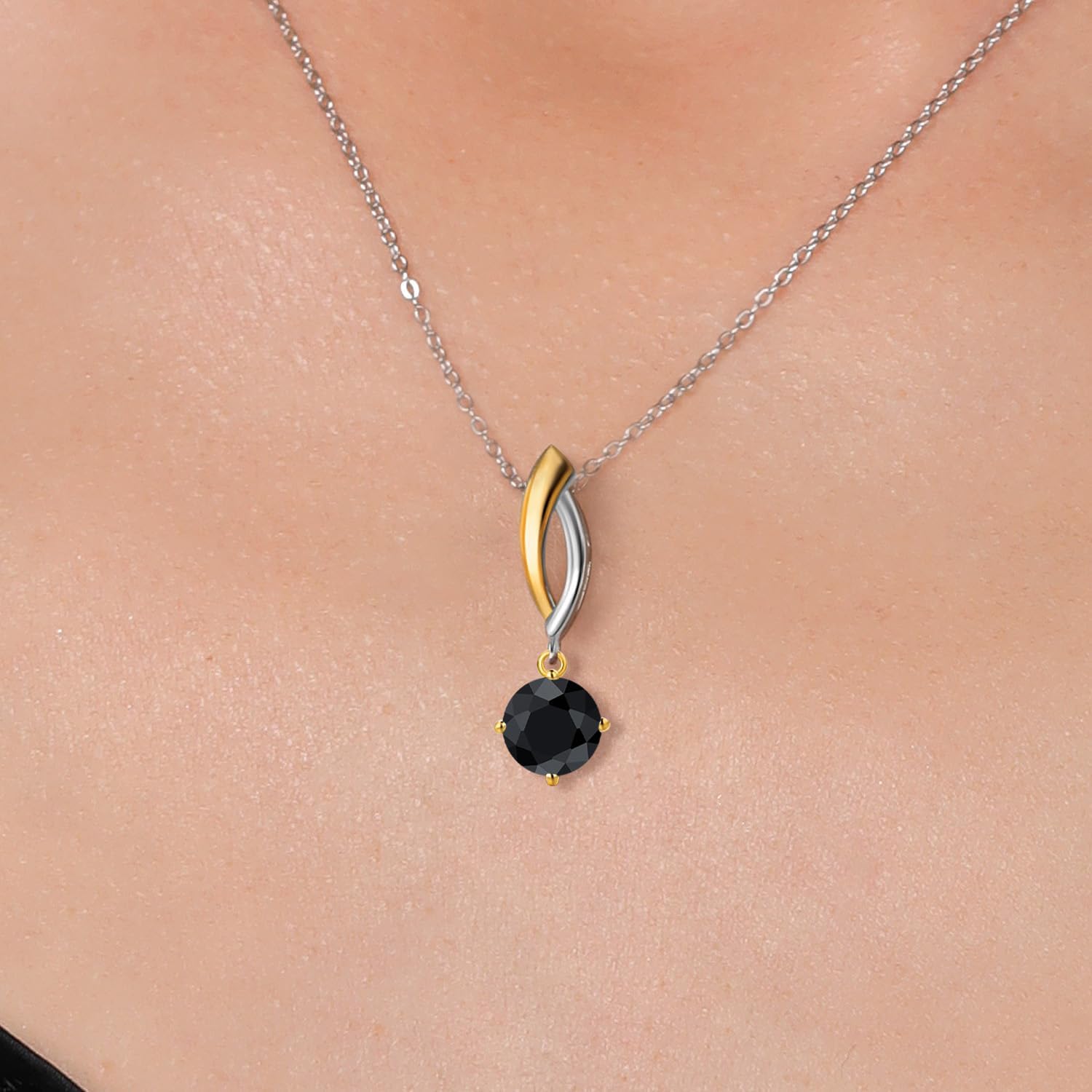 Gem Stone King 925 Silver and 10K Yellow Gold Black Sapphire Pendant Necklace for Women | 1.15 Cttw | Gemstone September Birthstone | Round 6MM | With 18 Inch Silver Chain - Image 3