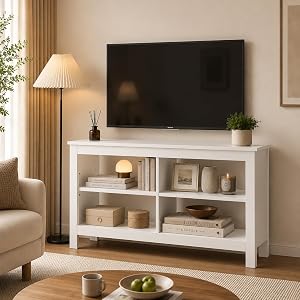 Modern TV Stand for 50 Inch TV, Small TV Stand with Open Storage Shelves, 3-Tier Entertainment Unit, TV Console Table for Living Room, Bedroom(White)