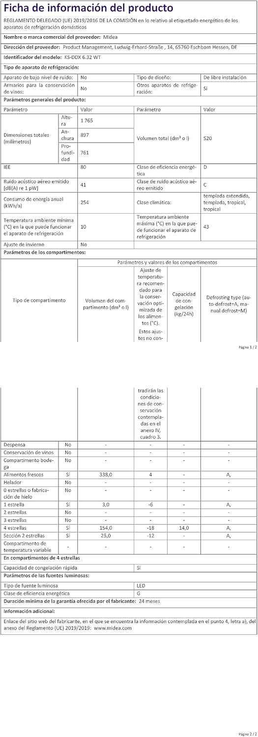 Midea KS-DDX 6.32 WT - Frigorifero side-by-side, altezza 178,8 cm, 254 kWh/anno/No Frost/Dual Inverter Compressor/con distributore di acqua/ghiaccio 3 in 1 e serbatoio dellacqua [Classe di efficienza energetica D]
