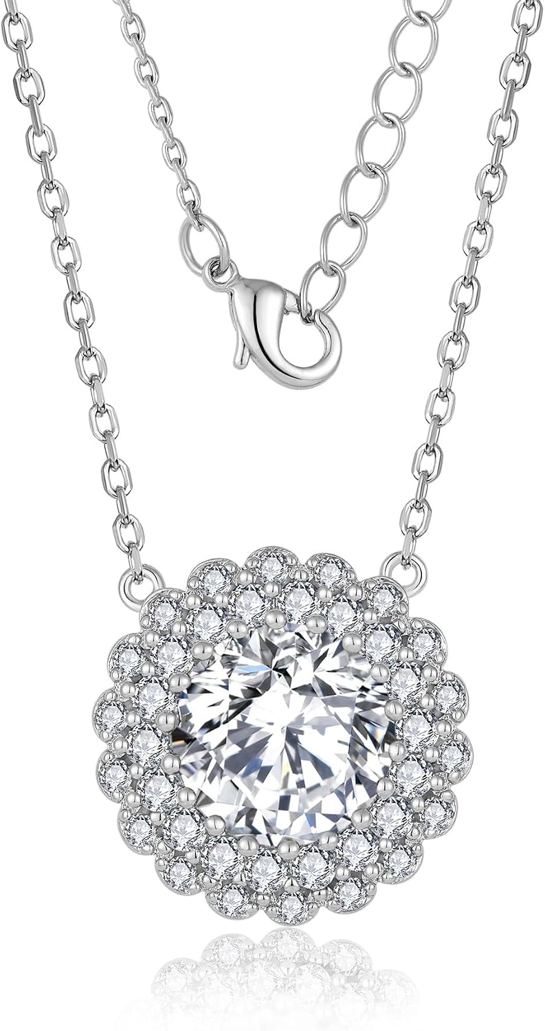 Necklace for Women - 10mm Round Birthstone Cubic Zirconia Double Halo Cable Chain,Versatile Polished Jewelry for Daily Wear & Gift