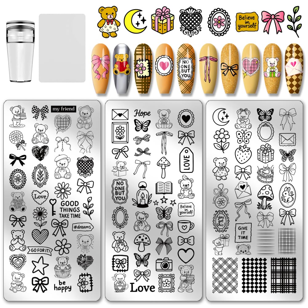 PH PandaHall 3pcs Cute Bear Nail Stamping Plates Bows Heart Nails Art Stencils Butterfly Fruit Mushroom Manicure Art Templates Lovely Sweet Style Nails Image Plates for Women Manicures Salon Design