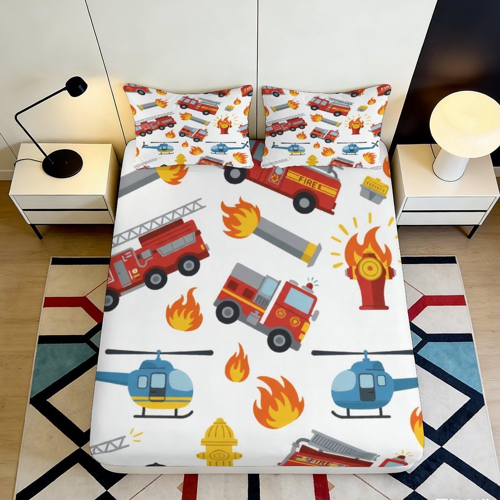 3D Printed Fire Truck Fitted Sheet Microfiber Soft Helicopter Bed Cover for Bedroom Dorm Mattress Protection Decor 90x200x25cm