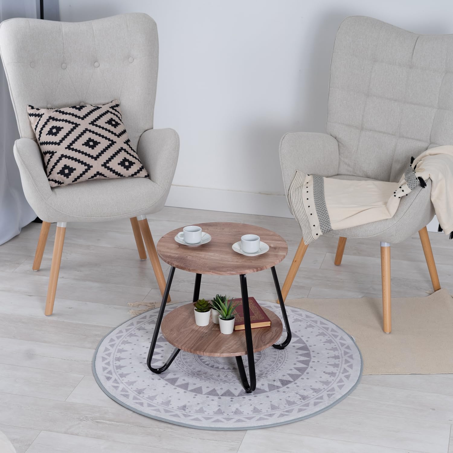 MEUBLE COSY Stolik pomocniczy, okrągły stolik nocny, stolik do salonu, z półką, do salonu, sypialni, industrialny design, metalowy stelaż, dąb, drewno, 46 x 46 x 45 cm