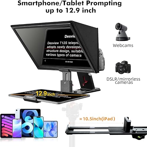 Miniatura 8 de Desview T12S Teleprompter 12.9 pulgadas, espejo HD todo metal elevable teleprompters con control remoto y aplicación iOSAndroid para cámaras réflex