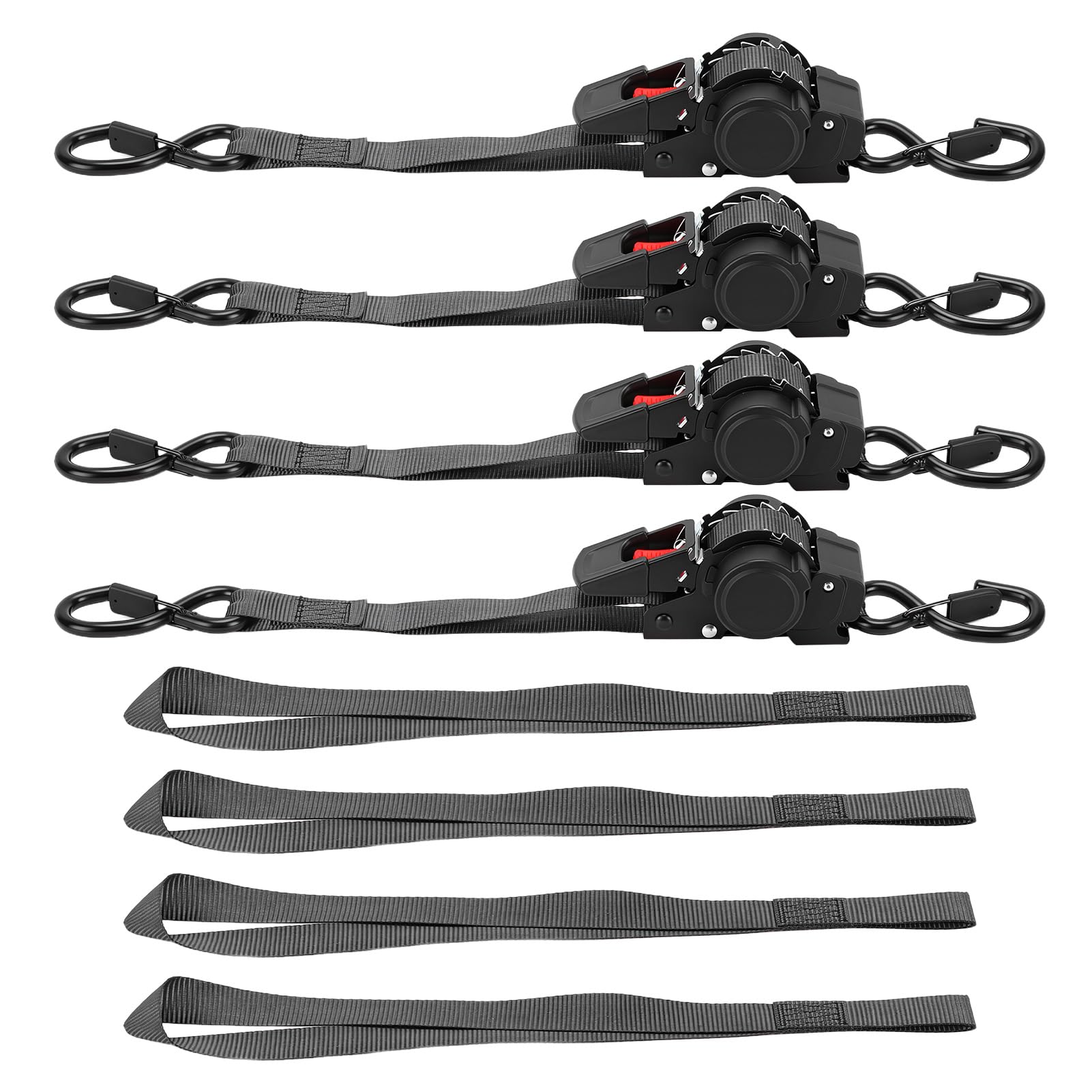 4-teiliges Set automatischer Ratschengurte, Edelstahlrollen (304), 3,5 m x 25 mm, 680 kg Bruchlast, inklusive Aufbewahrungstasche, geeignet für LKW, Anhänger, Motorräder und Fahrräder