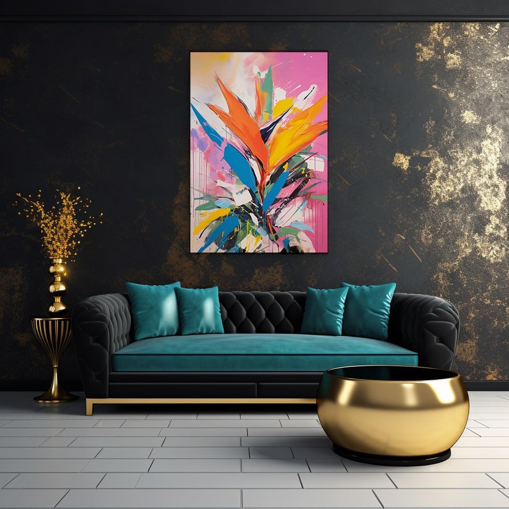 Canvas for Living Room. Vibrant Abstraction in Bloom: A Vivid Dance of Colors Capturing The Essence of The Bird of Paradise Flower, 27 x 18 inch Canvas Wall Art - Ready to Hang