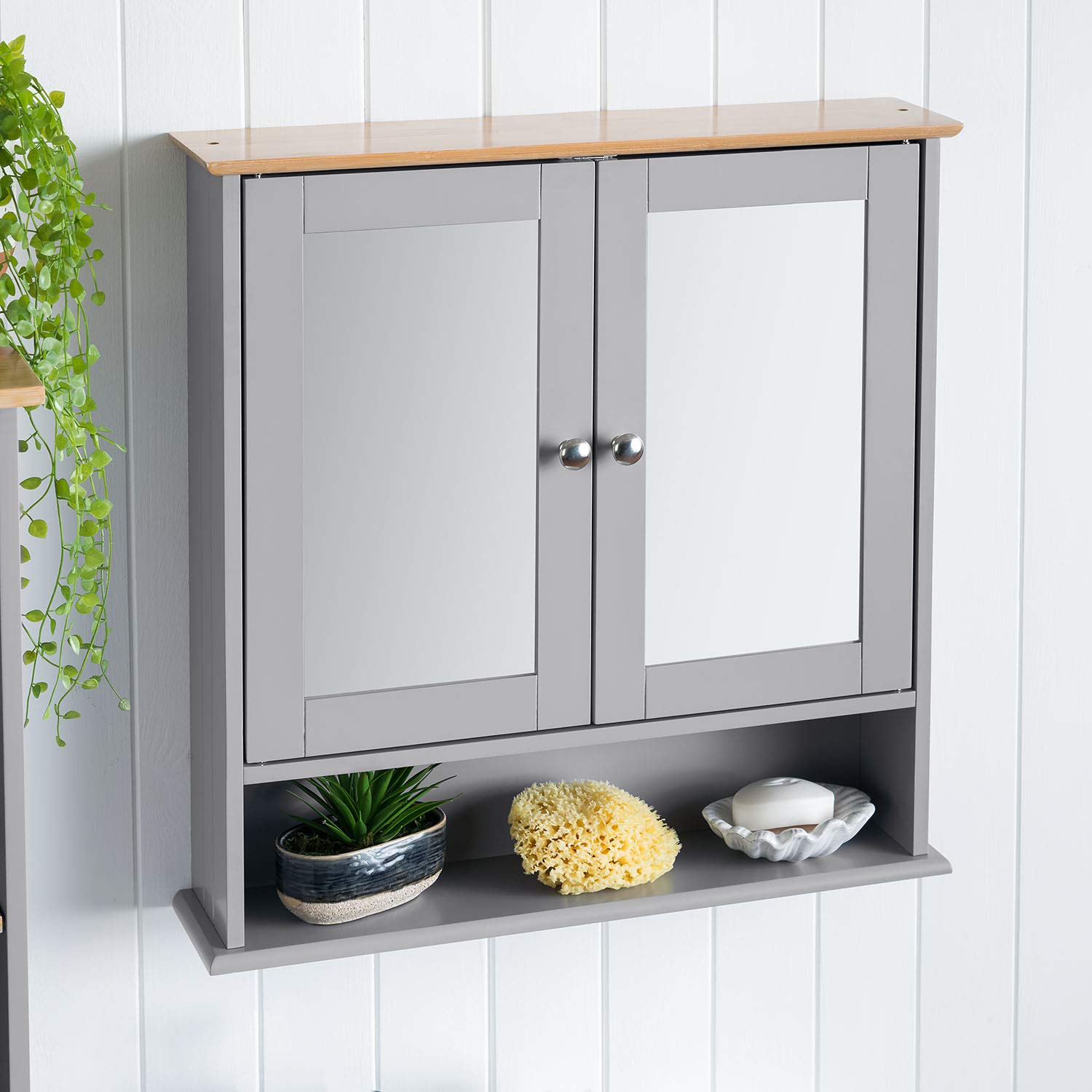 CHRISTOW Mirrored Bathroom Wall Mounted, Grey & Bamboo Wooden