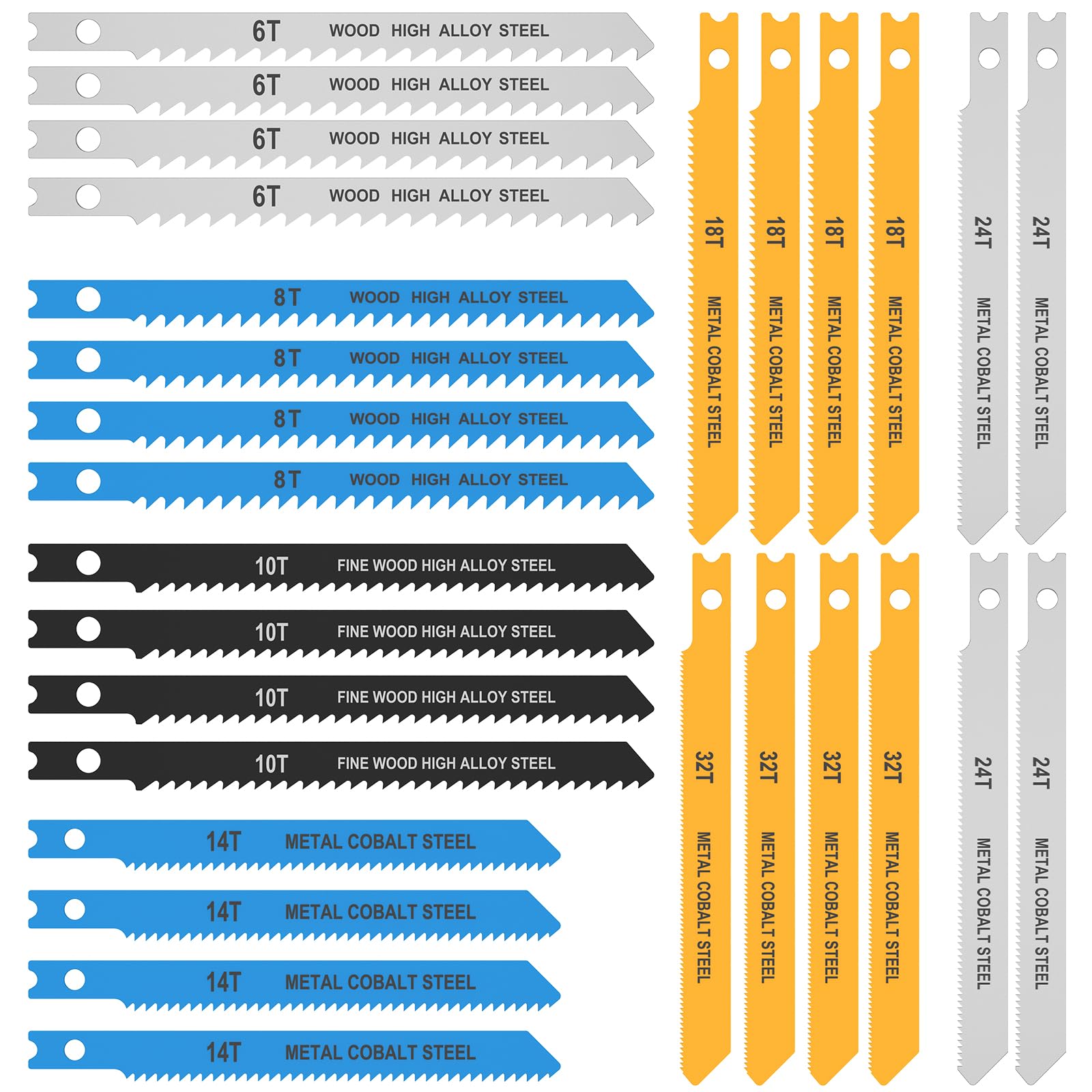 Set di 28 lame per seghetto alternativo professionale a fusto U, lame per seghetto 6TPI/8TPI/10TPI/14TPI/18TPI/24TPI/32TPI per legno, plastica e metallo, 85mm e 100mm