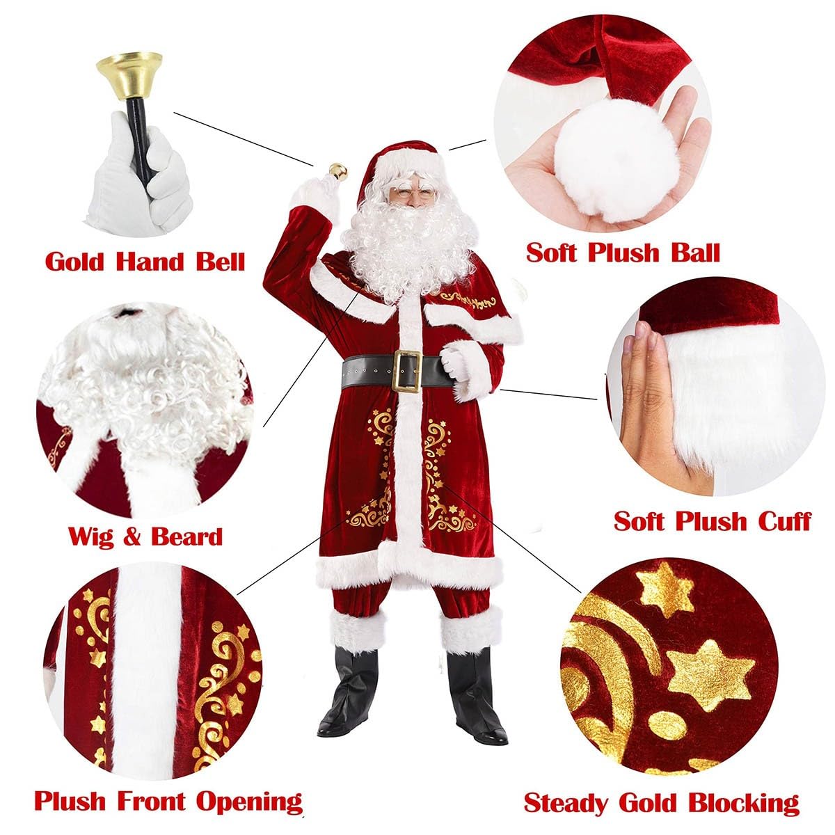 Weihnachtsmann-Kostüm in Übergröße, Weihnachten, 12-teilig, Deluxe-Samt-Weihnachtsmann-Anzug für Erwachsene, Teenager-Kostüm für Damen und Herren