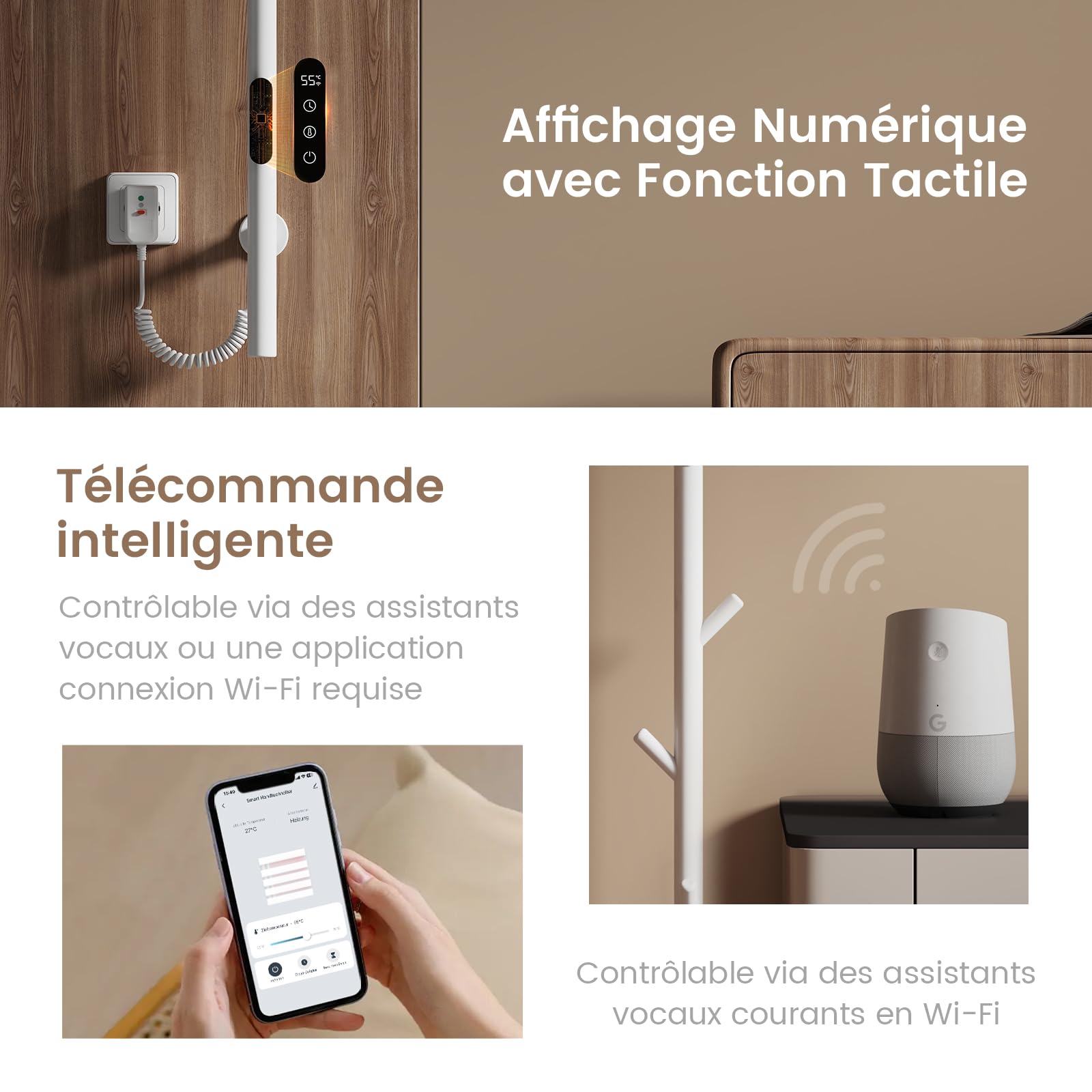EMKE Sèche-Serviettes Électrique, Blanc,Thermostat Intelligent WiFi | Chauffe-Serviettes Électrique, Barre Unique, 150 cm de Hauteur
