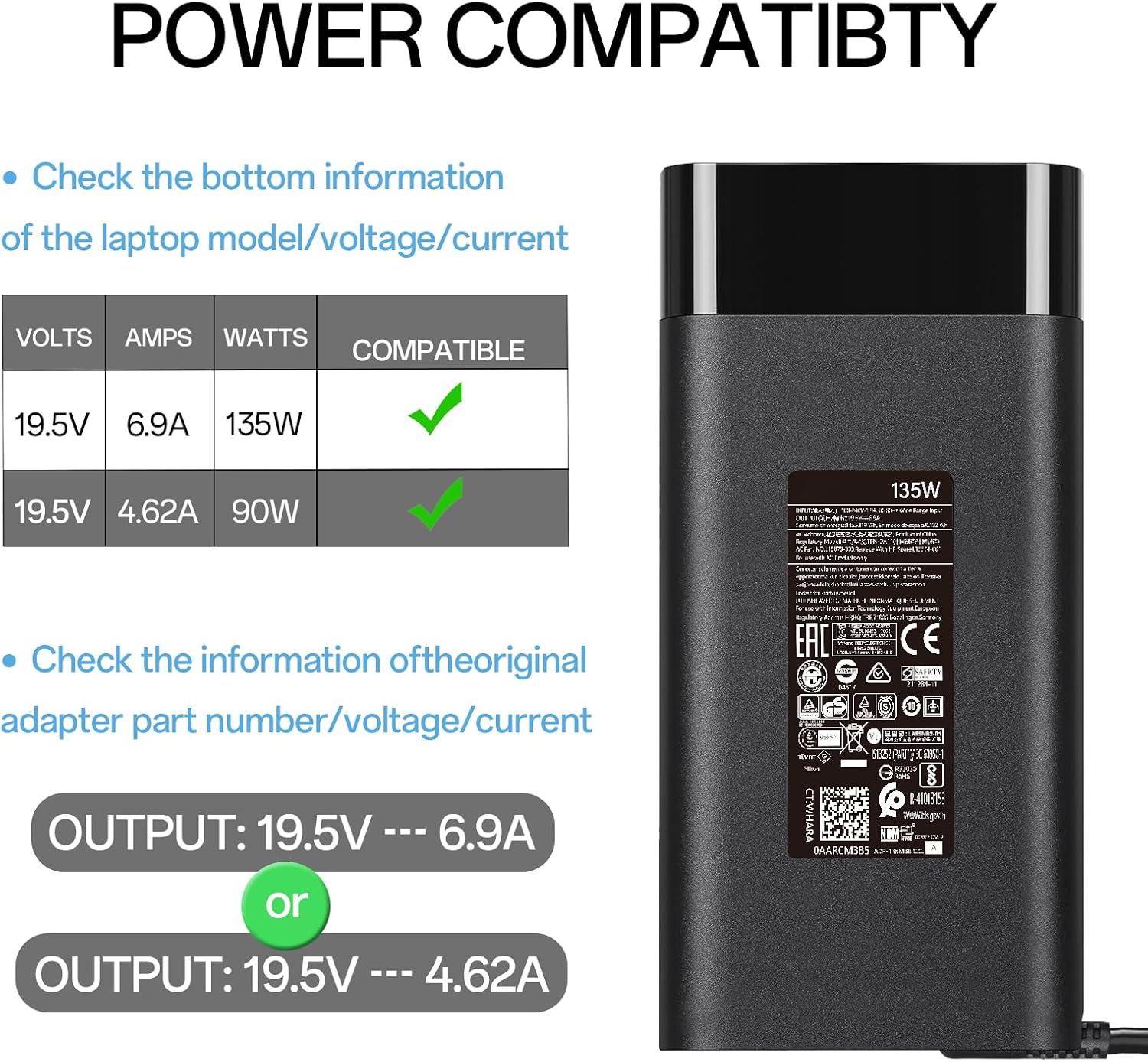 135W 19.5V 6.9A Laptop Charger for HP Spectre X360 15 15T 16 Pavilion Gaming 15 16 15-ec0751ms Omen 15 G5 G6 17 Envy 13 14 15 16 L15534-001 TPN-DA11 TPN-CA13 917649-850 Ac Adapter Power Cord
