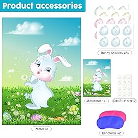 ASTARON Pin The Tail on The Bunny Game for Birthday Party, Easter Party Game with 24 pcs Tail Stickers for Happy Easter Party Decoration Supplies