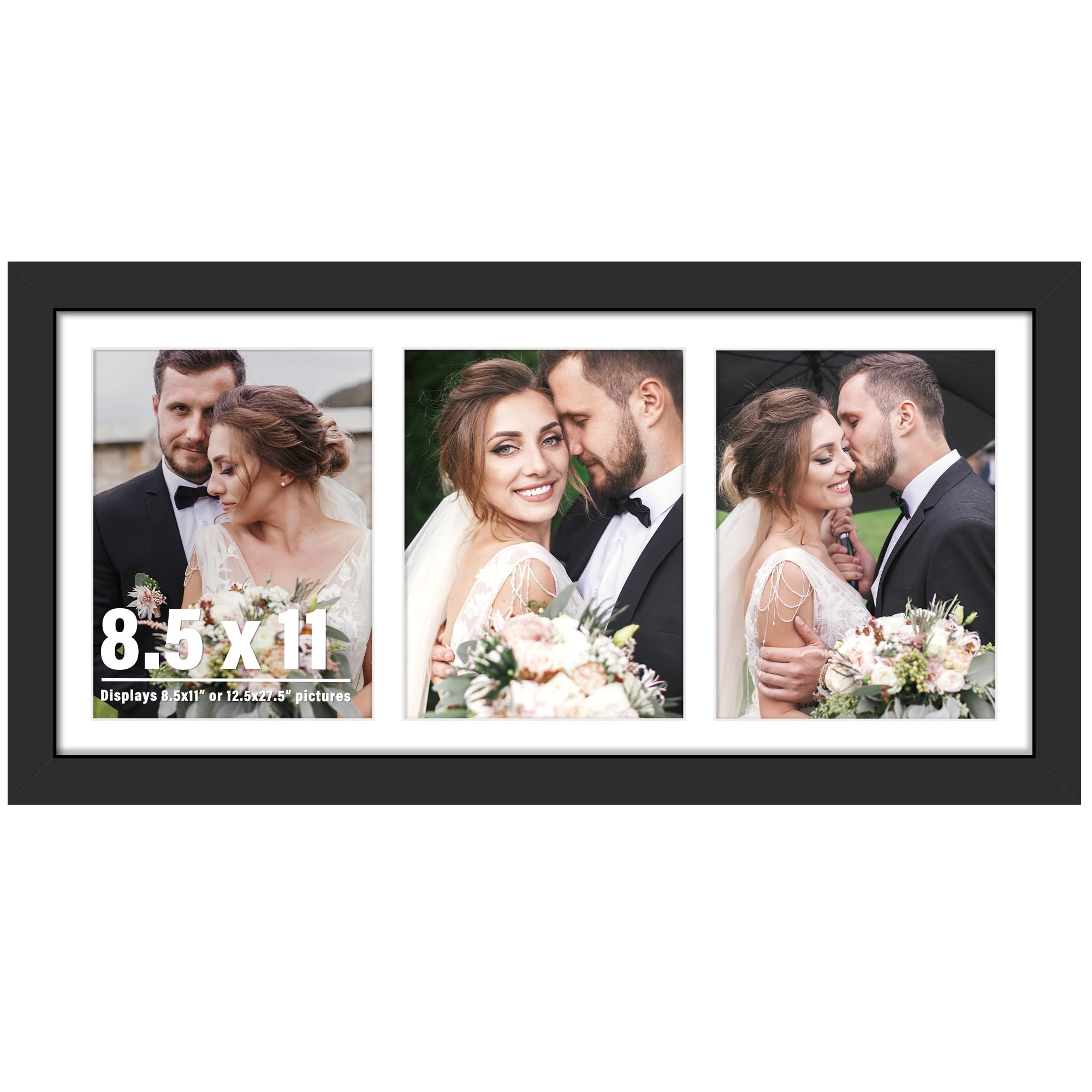 DUENPY 12.5x27.5 Picture Frame 3-Opening 8.5x11 Collage Picture Frame Displays Three 8.5x11 inch Photos Collage Wall Decor Wall Hanging or Tabletop Black