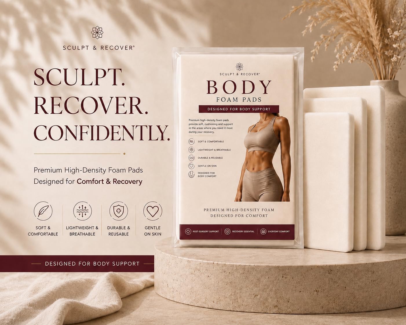 Sculpt & Recover Body Foam Pads,High-Density Cut-to-fit- Compression Foam for Body Support Post Op. (4)