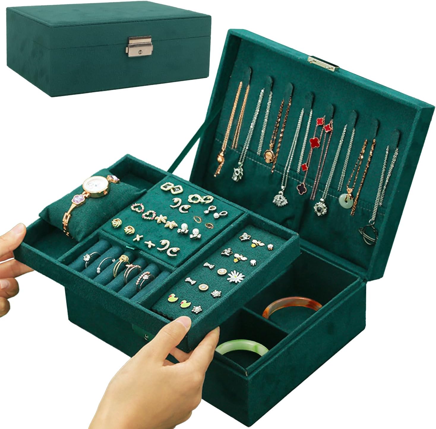 Nsmykhg Velvet Jewelry Box Organizer - 2 Pack Lockable 2 Layer Travel Case with Removable Tray, Jewelry Storage for Women & Men, Jewelry Display Case for Rings, Necklace, Earrings (Green)