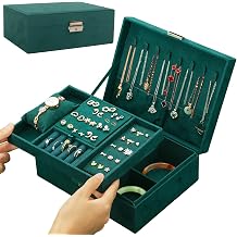 Nsmykhg Velvet Jewelry Box Organizer - 2 Pack Lockable 2 Layer Travel Case with Removable Tray, Jewelry Storage for Women & Men, Jewelry Display Case for Rings, Necklace, Earrings Green