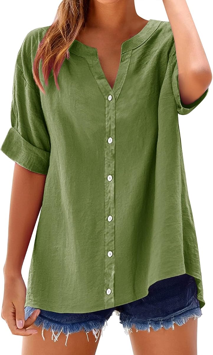 Linen Shirts for Women Short Sleeve Buttons V Neck Boho Tops Solid Color Summer Beach Blouses Casual Loose Fit Tee