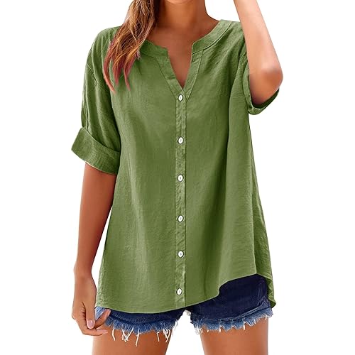 Plus Size Summer Linen Tops for Women 2025 Loose Fit Boho Button Up Shirts for Women Collared Blouse Linen Tops