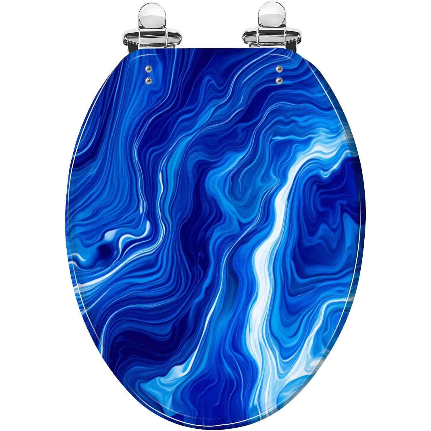 Asiento de inodoro alargado decorativo, mármol azul océano, remolino, resina abstracta, cierre silencioso, liberación rápida, cubierta fácil de limpiar