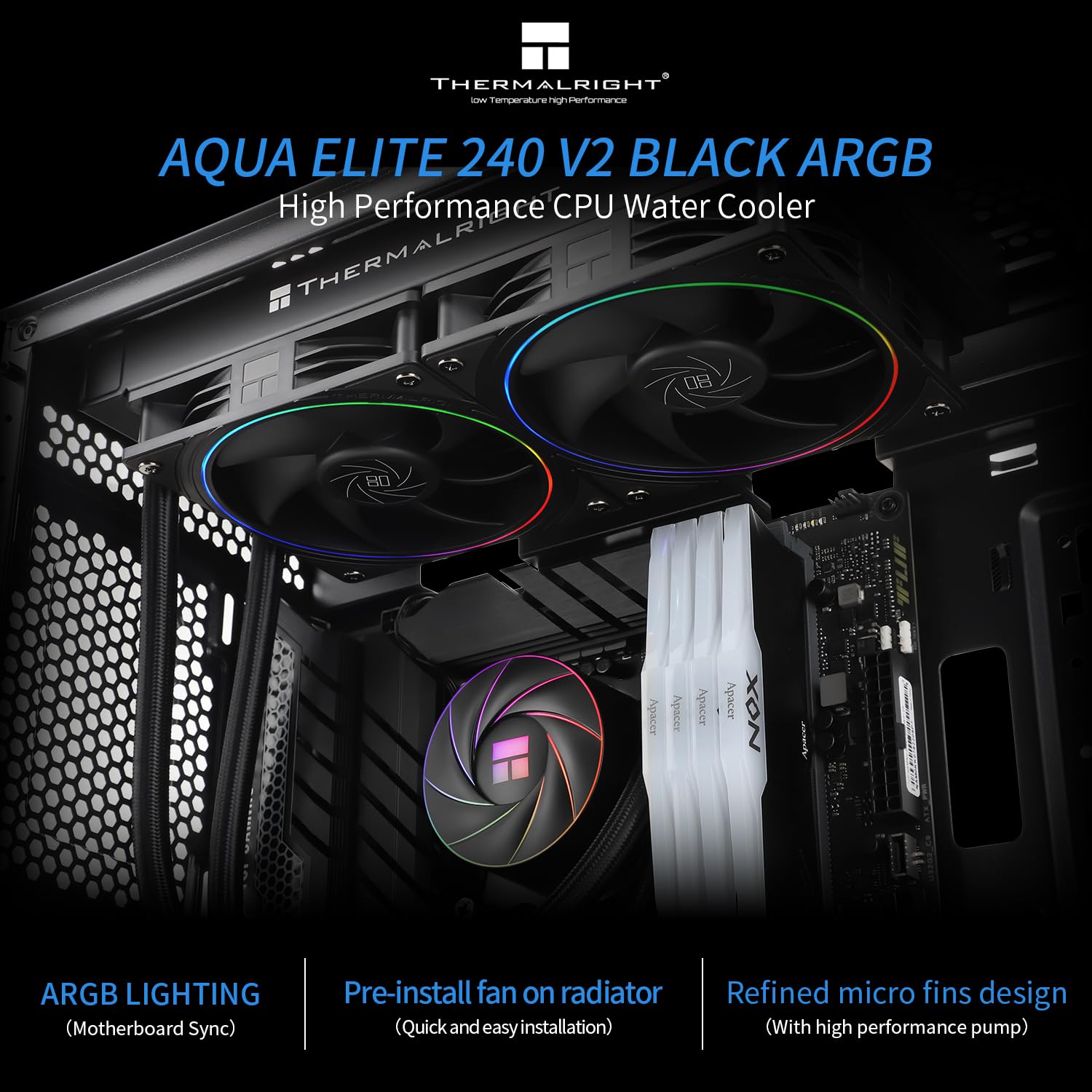 Thermalright Aqua Elite 240 ARGB V2 liquid cooler installed in a PC case, showcasing the radiator, fans, and pump head with ARGB lighting.