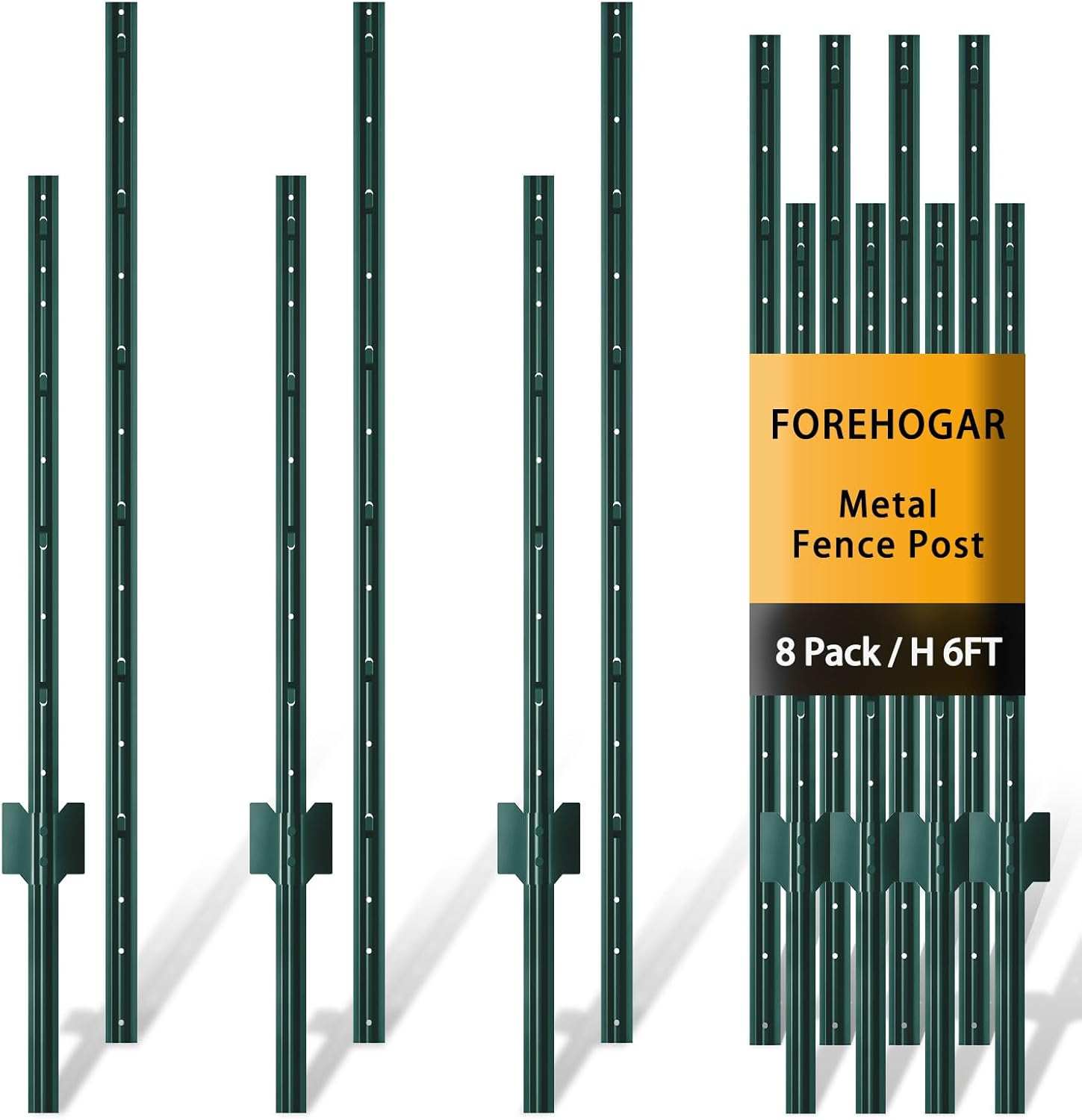Metal Fence Post Green 6 feet, Pack of 8, T Posts for Fences Wire Mesh, No Dig Steel Stakes Fencing for Garden Yard Farm Outdoor Light Duty 6 FT- 8 SPLICING
