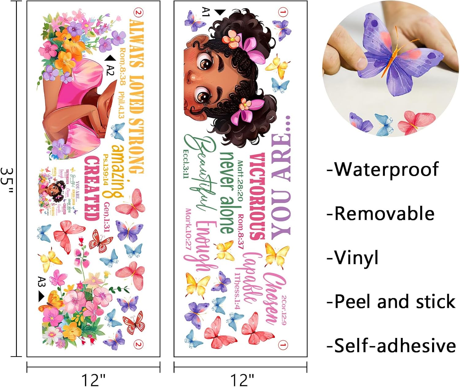 Mfault Black Girl Inspirational Wall Decals Stickers, Motivational You are Beautiful African American Nursery Decorations Girls Bedroom Art, Butterfly Floral Positive Baby Toddler Kids Playroom Decor