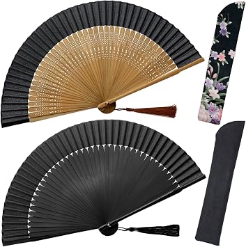 OMyTea Folding Hand Fans for Women - Foldable Chinese Japanese Vintage Bamboo Silk Fans Solid Sexy Black & Sexy Bamboo